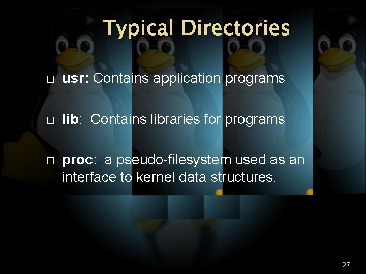 Typical Directories � usr: Contains application programs � lib: Contains libraries for programs �