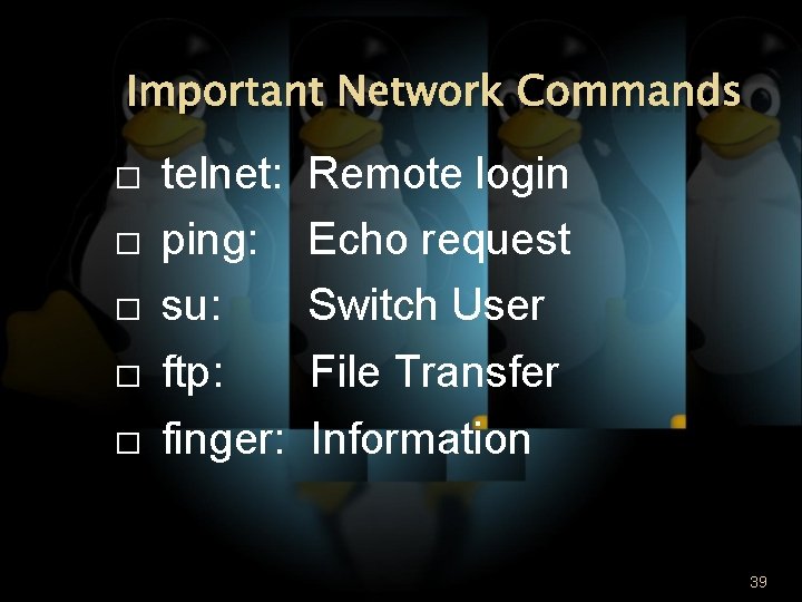 Important Network Commands � � � telnet: ping: su: ftp: finger: Remote login Echo