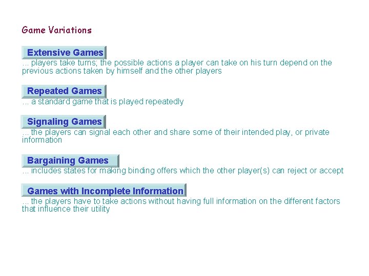 Game Variations Extensive Games. . . players take turns; the possible actions a player