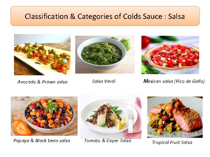 Classification & Categories of Colds Sauce : Salsa Avocado & Prawn salsa Papaya &