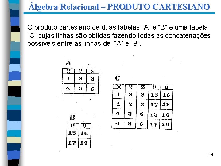 Álgebra Relacional – PRODUTO CARTESIANO O produto cartesiano de duas tabelas “A” e “B”