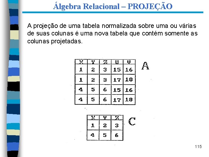 Álgebra Relacional – PROJEÇÃO A projeção de uma tabela normalizada sobre uma ou várias