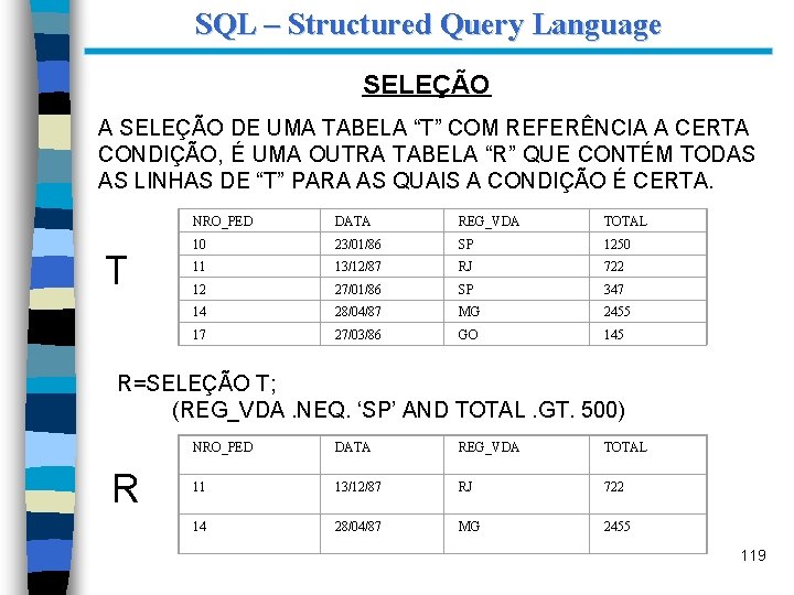 SQL – Structured Query Language SELEÇÃO A SELEÇÃO DE UMA TABELA “T” COM REFERÊNCIA