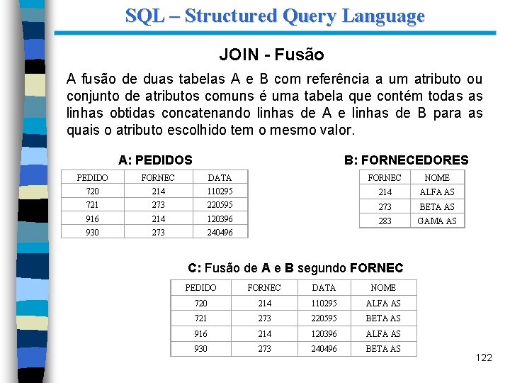 SQL – Structured Query Language JOIN - Fusão A fusão de duas tabelas A