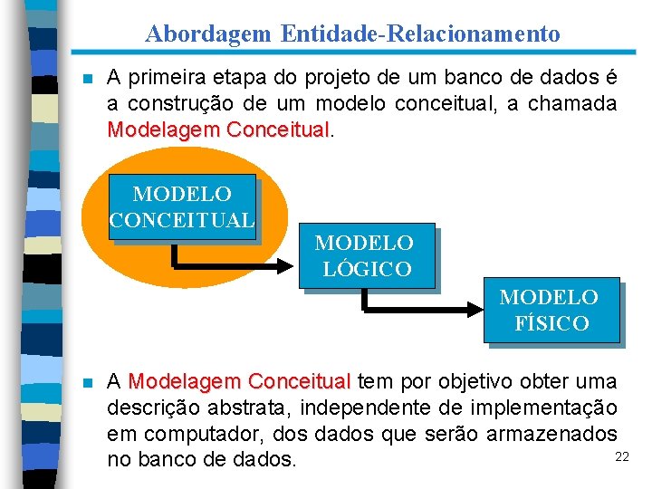 Abordagem Entidade-Relacionamento n A primeira etapa do projeto de um banco de dados é