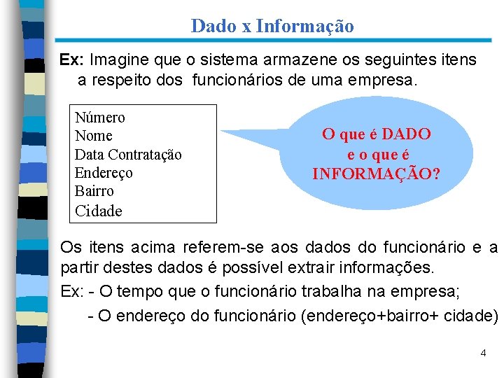 Dado x Informação Ex: Imagine que o sistema armazene os seguintes itens a respeito