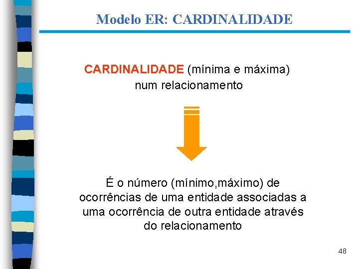 Modelo ER: CARDINALIDADE (mínima e máxima) num relacionamento É o número (mínimo, máximo) de