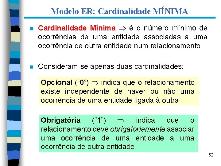 Modelo ER: Cardinalidade MÍNIMA n Cardinalidade Mínima é o número mínimo de ocorrências de