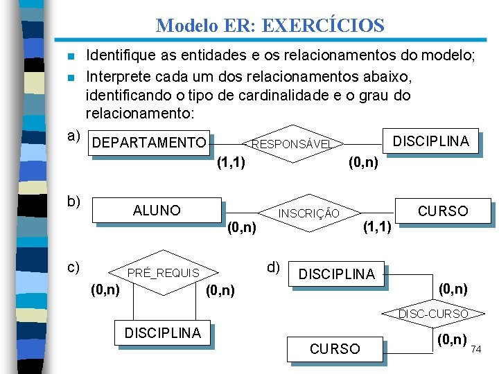 Modelo ER: EXERCÍCIOS n n Identifique as entidades e os relacionamentos do modelo; Interprete