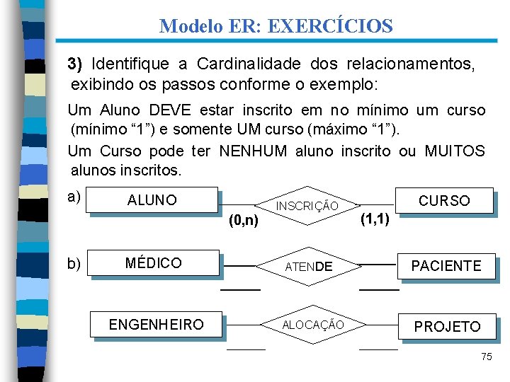 Modelo ER: EXERCÍCIOS 3) Identifique a Cardinalidade dos relacionamentos, exibindo os passos conforme o