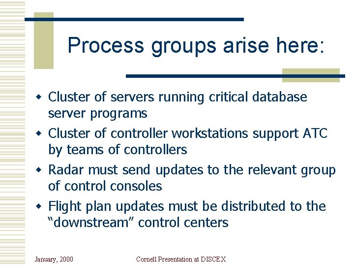 Process groups arise here: w Cluster of servers running critical database server programs w