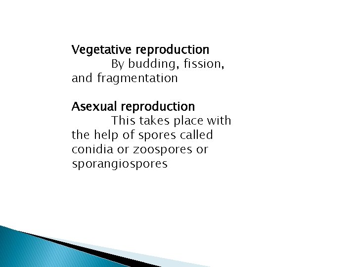 Vegetative reproduction By budding, fission, and fragmentation Asexual reproduction This takes place with the