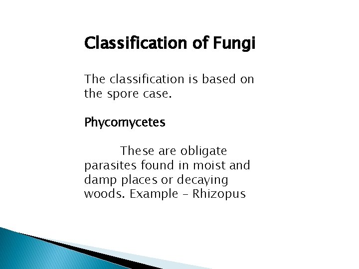 Classification of Fungi The classification is based on the spore case. Phycomycetes These are