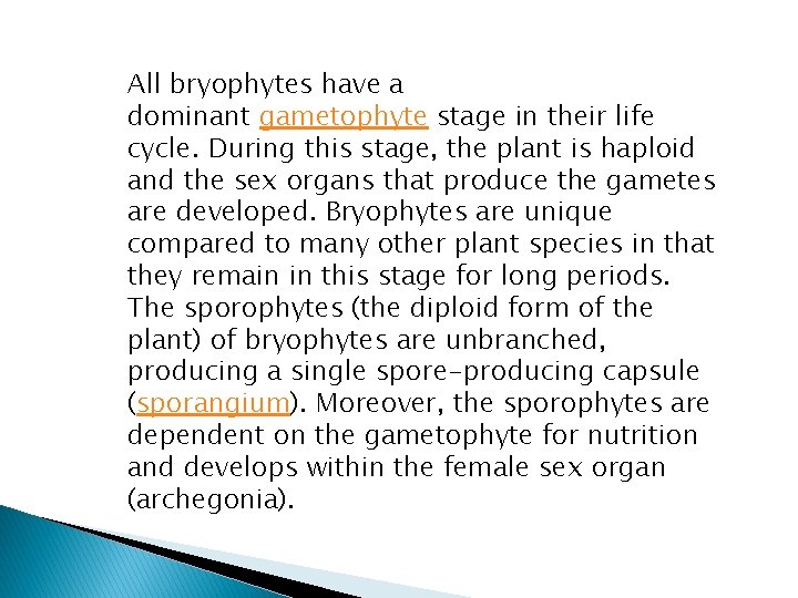 All bryophytes have a dominant gametophyte stage in their life cycle. During this stage,