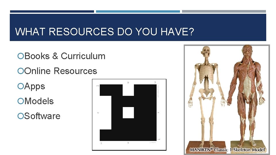 WHAT RESOURCES DO YOU HAVE? Books & Curriculum Online Resources Apps Models Software 