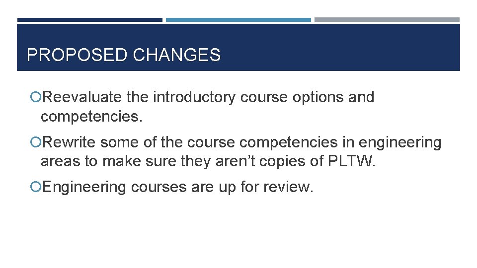 PROPOSED CHANGES Reevaluate the introductory course options and competencies. Rewrite some of the course