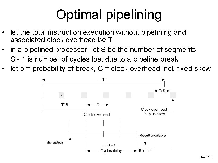 Optimal pipelining • let the total instruction execution without pipelining and associated clock overhead