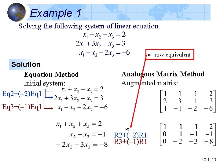 Example 1 Solving the following system of linear equation. row equivalent Solution Equation Method
