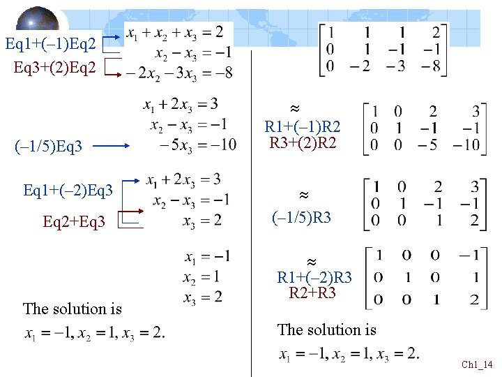Eq 1+(– 1)Eq 2 Eq 3+(2)Eq 2 (– 1/5)Eq 3 Eq 1+(– 2)Eq 3
