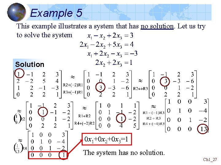 Example 5 This example illustrates a system that has no solution. Let us try