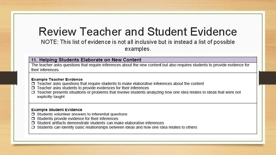 Review Teacher and Student Evidence NOTE: This list of evidence is not all inclusive