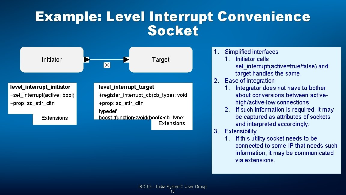 Example: Level Interrupt Convenience Socket Initiator Target level_interrupt_initiator level_interrupt_target +set_interrupt(active: bool) +register_interrupt_cb(cb_type): void +prop: