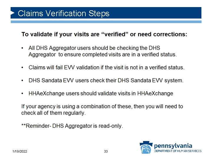 Claims Verification Steps 1/19/2022 33 