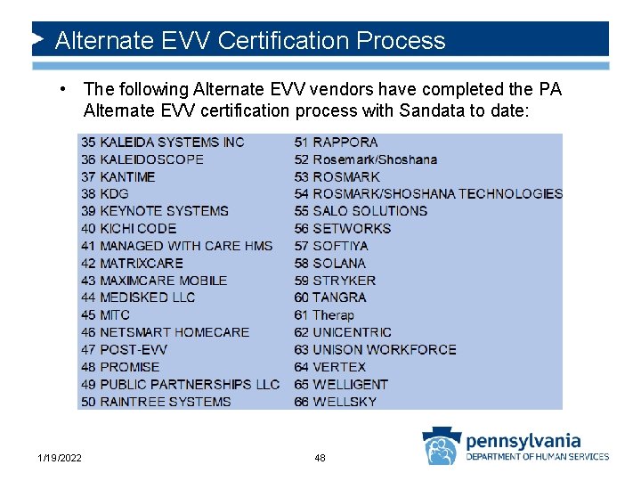Alternate EVV Certification Process • The following Alternate EVV vendors have completed the PA