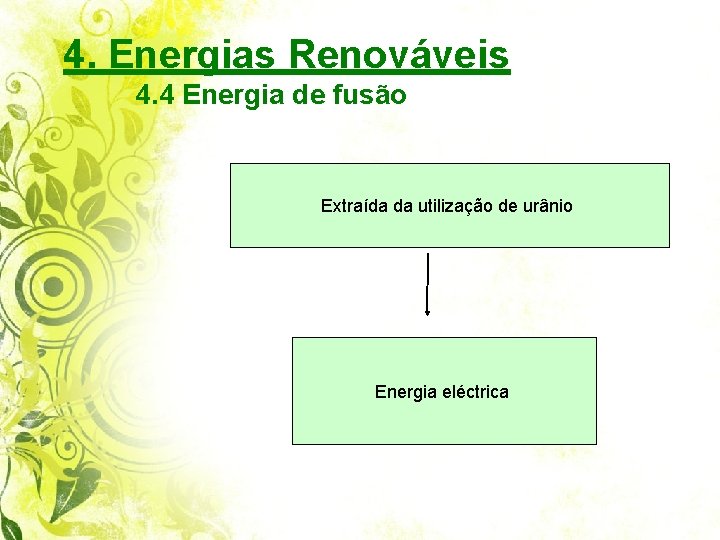 4. Energias Renováveis 4. 4 Energia de fusão Extraída da utilização de urânio Energia