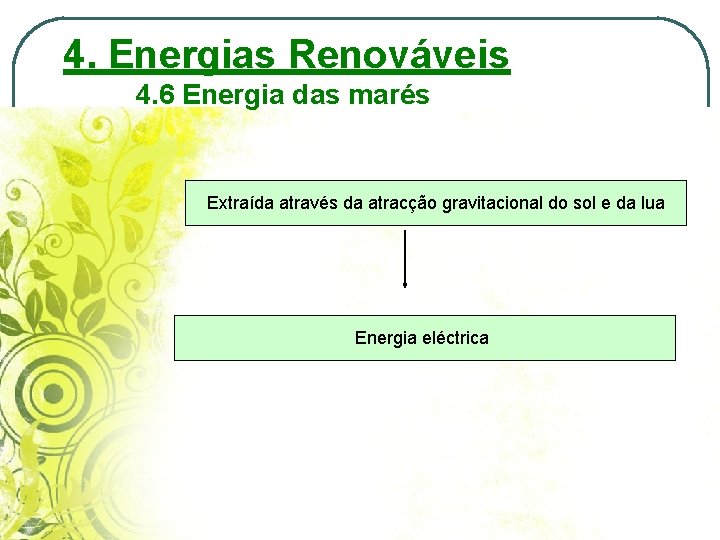 4. Energias Renováveis 4. 6 Energia das marés Extraída através da atracção gravitacional do