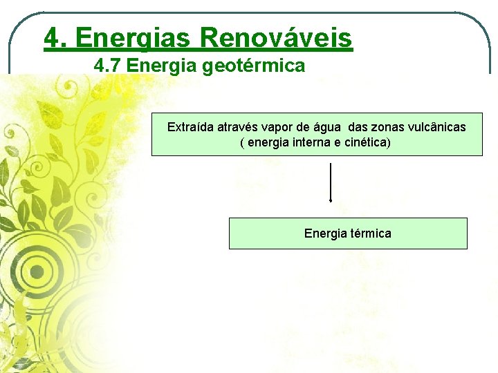 4. Energias Renováveis 4. 7 Energia geotérmica Extraída através vapor de água das zonas