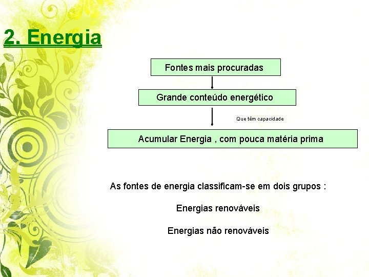 2. Energia Fontes mais procuradas Grande conteúdo energético Que têm capacidade Acumular Energia ,