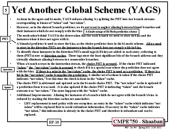 Yet Another Global Scheme (YAGS) 5 • • • PHT • • • Operation