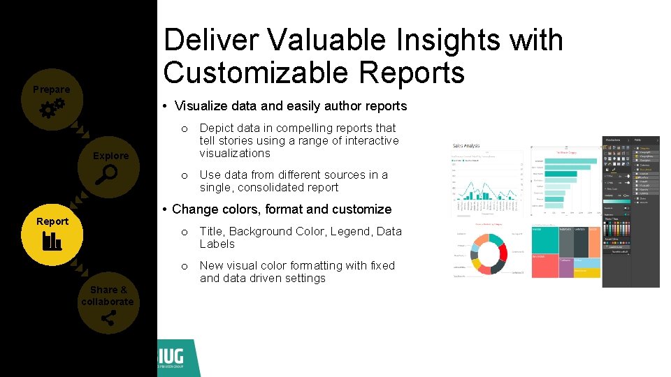 Deliver Valuable Insights with Customizable Reports Prepare • Visualize data and easily author reports