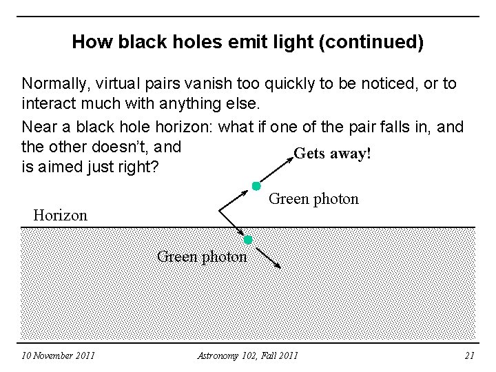 How black holes emit light (continued) Normally, virtual pairs vanish too quickly to be