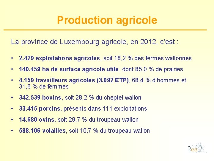 Production agricole La province de Luxembourg agricole, en 2012, c’est : • 2. 429