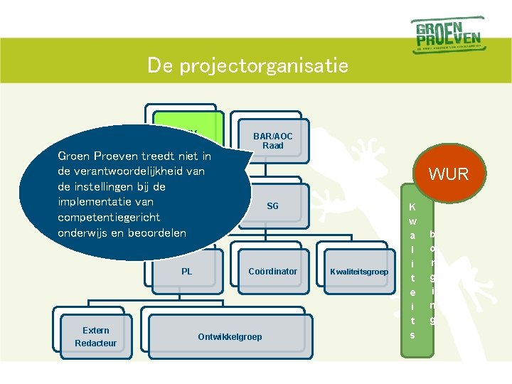 De projectorganisatie LNV Groen Proeven treedt niet in de verantwoordelijkheid van de instellingen bij