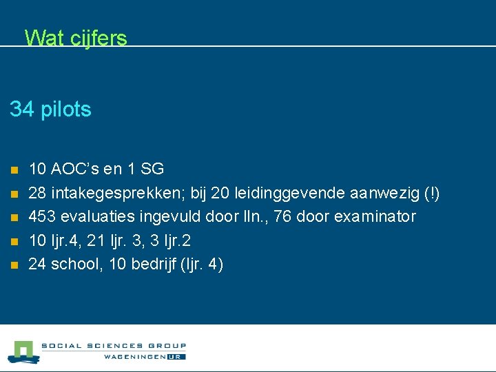 Wat cijfers 34 pilots n n n 10 AOC’s en 1 SG 28 intakegesprekken;