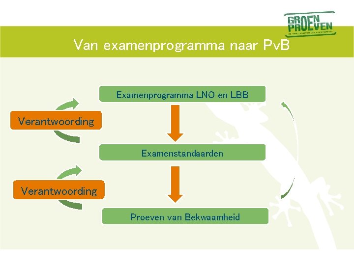 Van examenprogramma naar Pv. B Examenprogramma LNO en LBB Verantwoording Examenstandaarden Verantwoording Proeven van