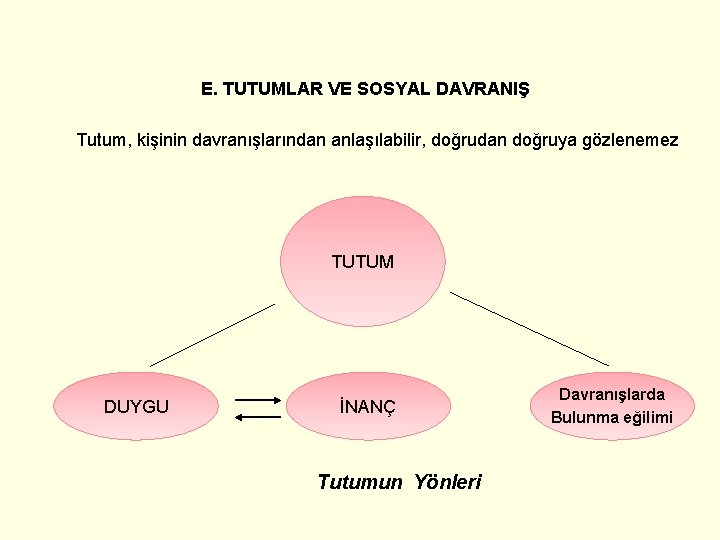 E. TUTUMLAR VE SOSYAL DAVRANIŞ Tutum, kişinin davranışlarından anlaşılabilir, doğrudan doğruya gözlenemez TUTUM DUYGU