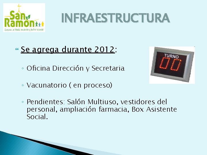 INFRAESTRUCTURA Se agrega durante 2012: ◦ Oficina Dirección y Secretaria ◦ Vacunatorio ( en