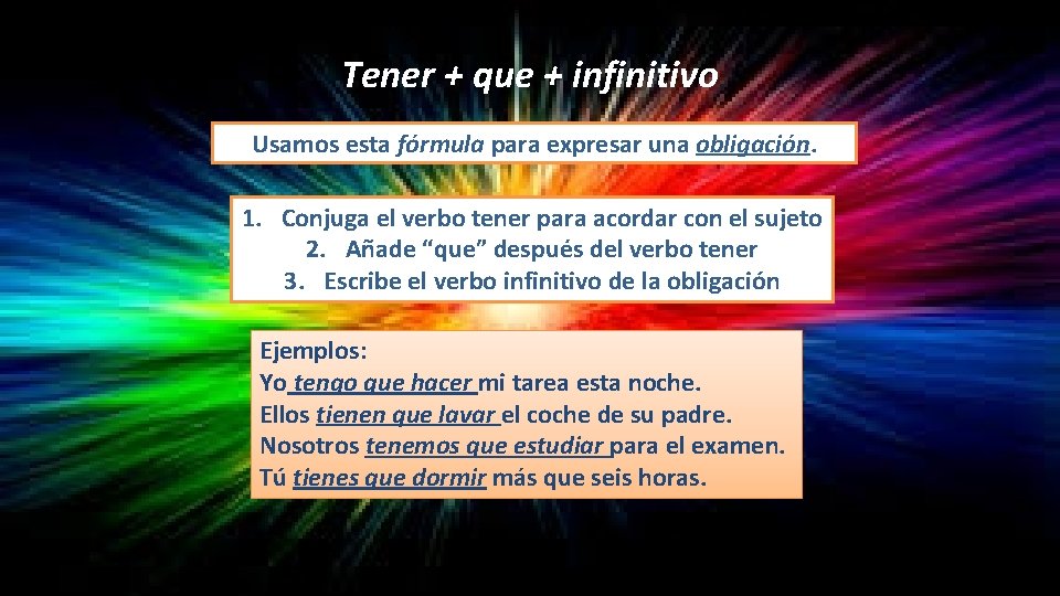 Tener + que + infinitivo Usamos esta fórmula para expresar una obligación. 1. Conjuga