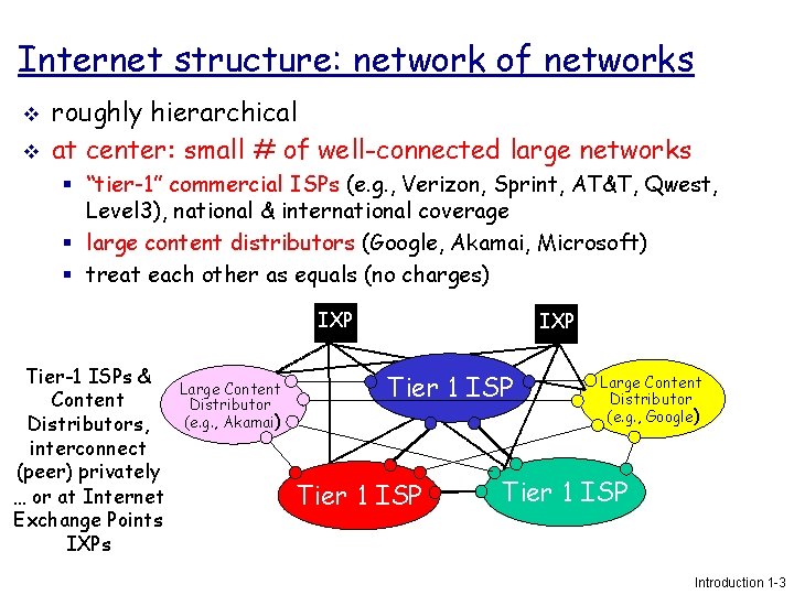 Internet structure: network of networks v v roughly hierarchical at center: small # of