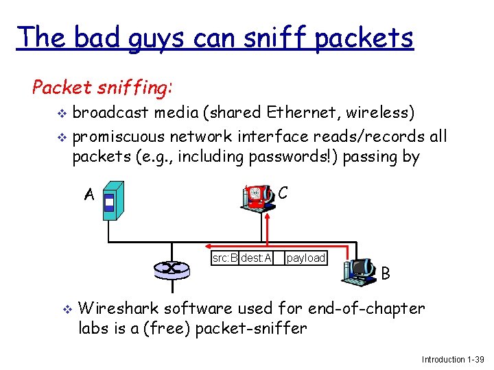The bad guys can sniff packets Packet sniffing: broadcast media (shared Ethernet, wireless) v