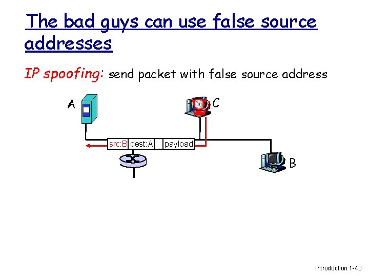 The bad guys can use false source addresses IP spoofing: send packet with false