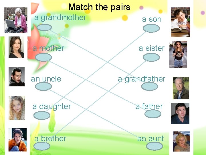 Match the pairs a grandmother an uncle a son a sister a grandfather a