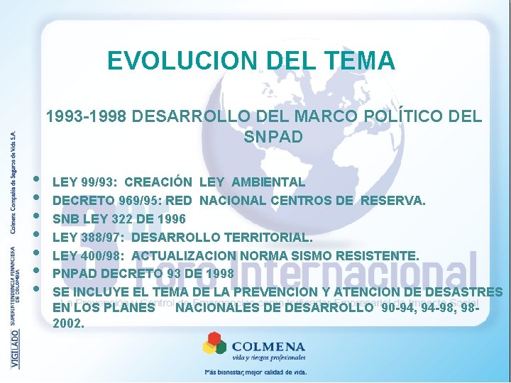 EVOLUCION DEL TEMA 1993 -1998 DESARROLLO DEL MARCO POLÍTICO DEL SNPAD • • LEY