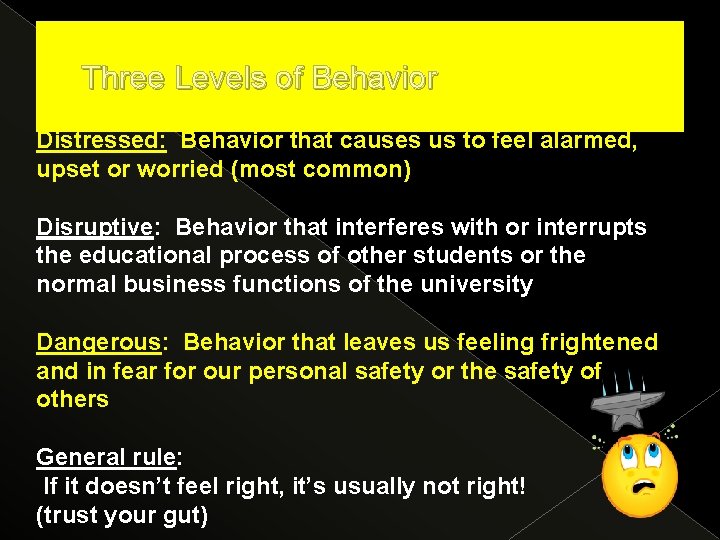 Three Levels of Behavior Distressed: Behavior that causes us to feel alarmed, upset or