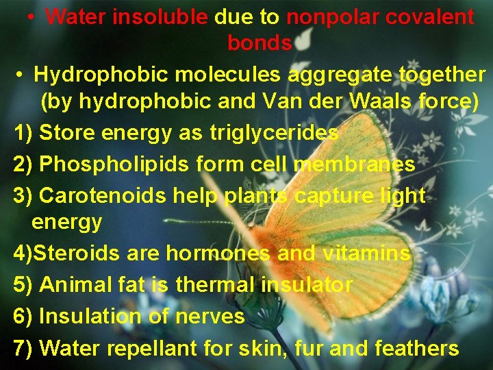  • Water insoluble due to nonpolar covalent bonds • Hydrophobic molecules aggregate together