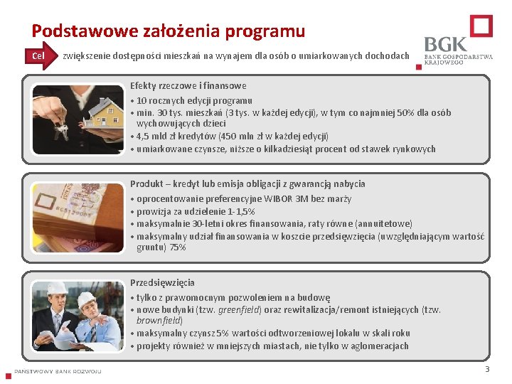 Podstawowe założenia programu Cel zwiększenie dostępności mieszkań na wynajem dla osób o umiarkowanych dochodach